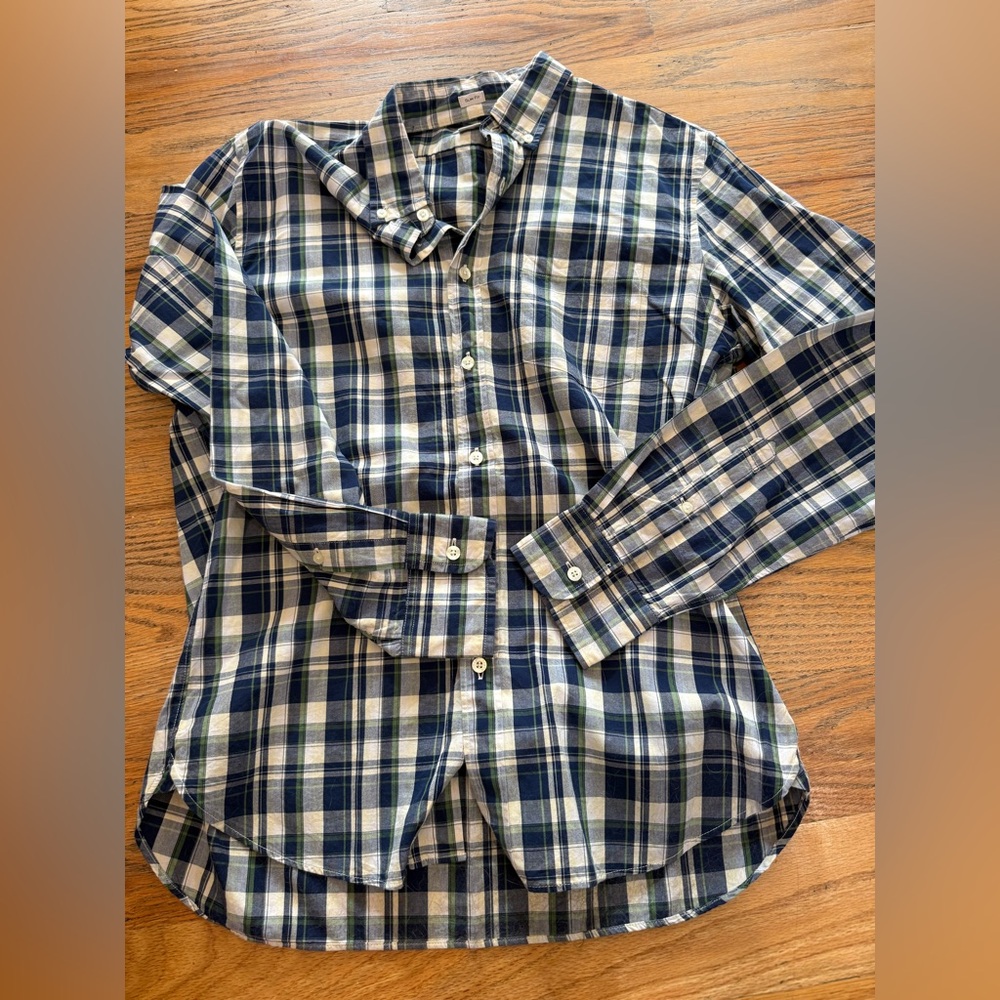 J Crew Button Up Shirt Mens Medium Tailored Quality Woven White Blue Green